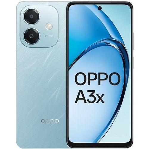 OPPO A3x smartphone in blue color showing the front screen display and dual rear cameras.